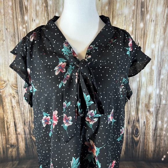Midnight Sky Women’s Top Size XL Sheer Flowing Boho Floral Tie Neck Ruffle - Picture 2 of 7